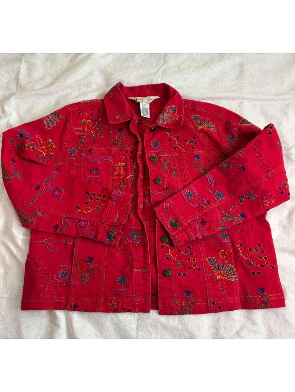 GW Jeans Vintage 90's Red Asian Inspired Embroidered Denim Jacket, Size M